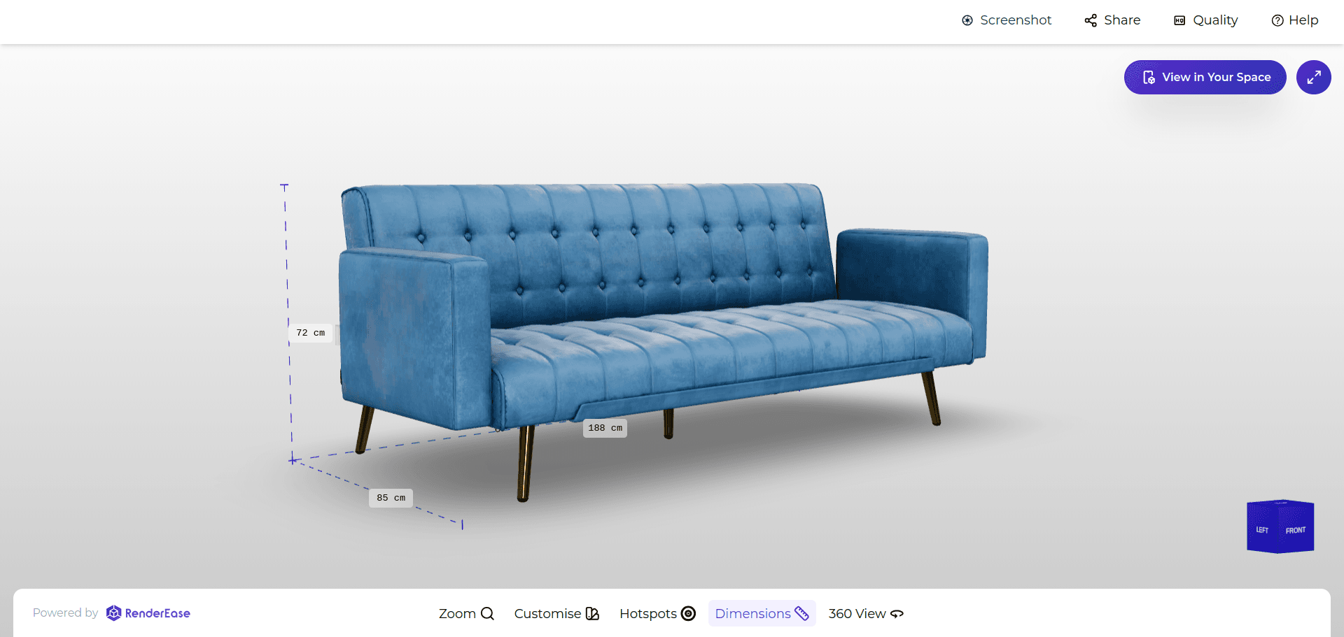Dimensions of a Sofa in RenderEase 3D Configurator