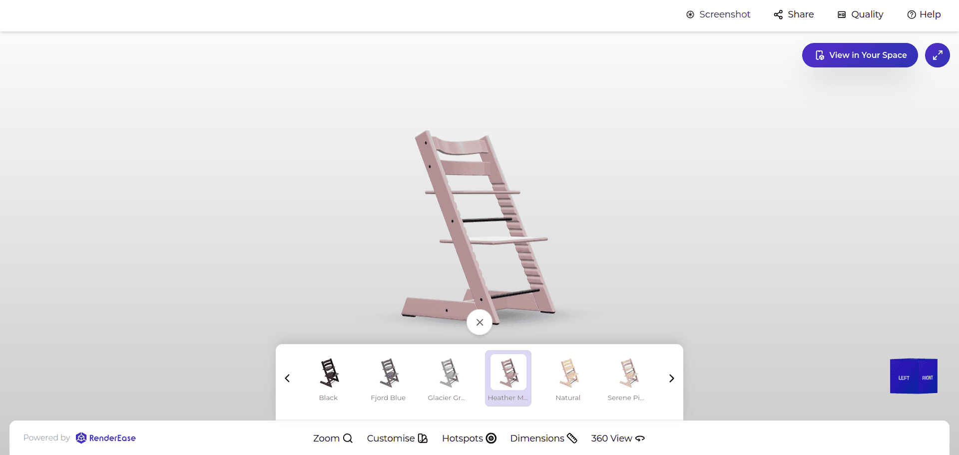 Textures of a chair in RenderEase 3D Configurator